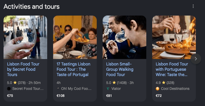 Módulo de atividades e tours do Google com quatro experiências em Lisboa, preços, avaliações e diferentes fornecedores